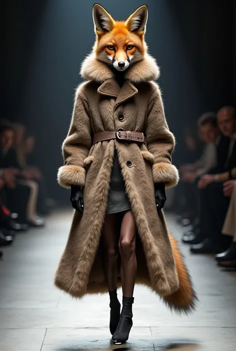 Anthropomorphic fox, Fashion runway, Full body, fox wearing Dior fashion clothes, anthropomorphic, high-end design style, Cold and beautiful, A slender and slender figure, Milan Fashion Show, Full body, Dynamic capture of runway shows