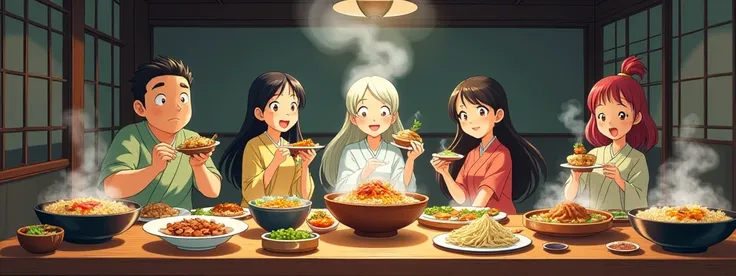 paint, style Ghibli studio, food plates, ramen, meat, vegetables