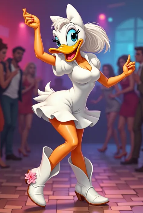 Glen keane style, classic Disney illustration, Daisy Duck sexy confident, disco dancing, white skin, white cowgirl boots with pink flower