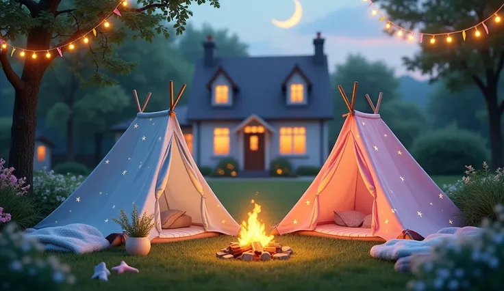 
 suitable for babies and ren :  A realistic scene in a large ,  green garden radiates on a warm summer evening . Two small camping tents, one in soft blue and the other in soft pink,  standing on a soft meadow .  The tent fabrics are with glowing ,  soft ...