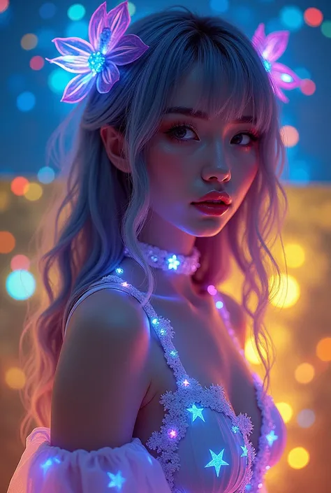  Ukrainian Flag Background ,  Girl in a Star Patterned Dress,  cyberpunk art ,  Inspired by Hajime Sorayama ,  Digital Art,  Glowing delicate flowers , unreal engine : : Carnival Makeup, Complicated Body ,  yanjun chengt ,  Beautiful Avatar Images , 3D Neo...