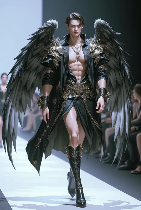 3D ANIMALS，A Victorias Secret male model is on the catwalk，sideways，Wear gorgeous costumes，The back has very beautiful wings，Gorgeous wings，Very gorgeous