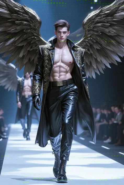 3D ANIMALS，A Victorias Secret male model is on the catwalk，sideways，Wear gorgeous costumes，The back has very beautiful wings，Gorgeous wings，Very gorgeous