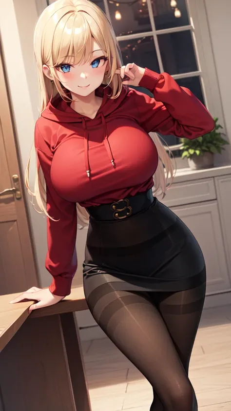 1girl solo, huge breast, blonde long hair, bangs, blue eyes, (red hoodie:1.2), laces, long sleeve, tight clothes, indoors, house, bedroom, seductive pose, seductive smile, (black high waist skirt:1.5), seductive smile, (Detailed:1.5), (pantyhose:1.5), high...