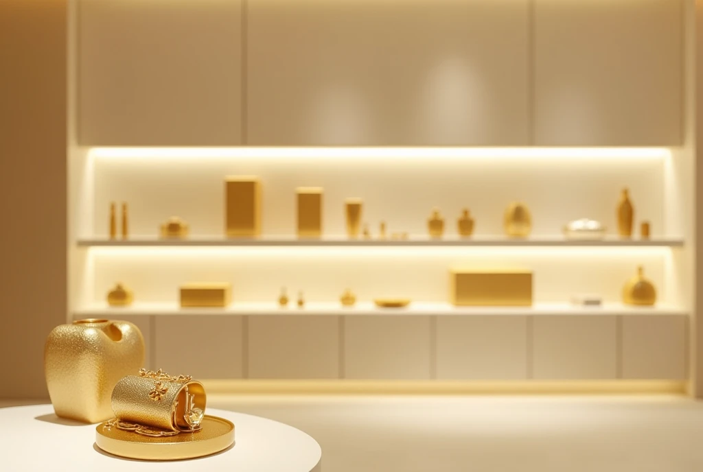 3.  Minimalist style gold salon ,  spacious space with gold display shelves designed simply but delicately,  gold products stand out thanks to soft white light .  Walls and floors are all in light neutral colors , create a sense of comfort . The image has ...