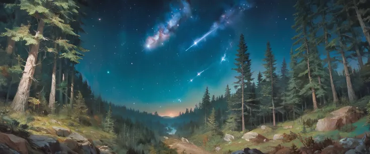 Precise old encyclopedia (best quality:1.2), (detailed:1.2), (masterpiece:1.2), vintage illustrations of a pine forest at night, pine forest, black sky with stars and galaxies and comet