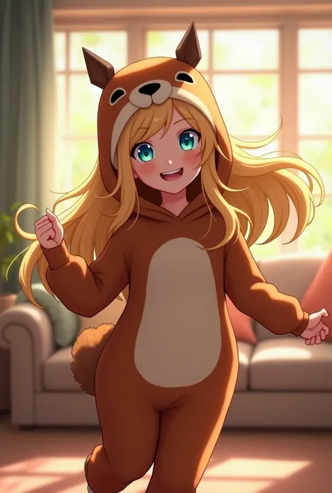 s dancing in a squirrel hoodie in a warm living room　 blur the background　smile　Blonde long hair　 blue eyes　 top quality,  high definition , 