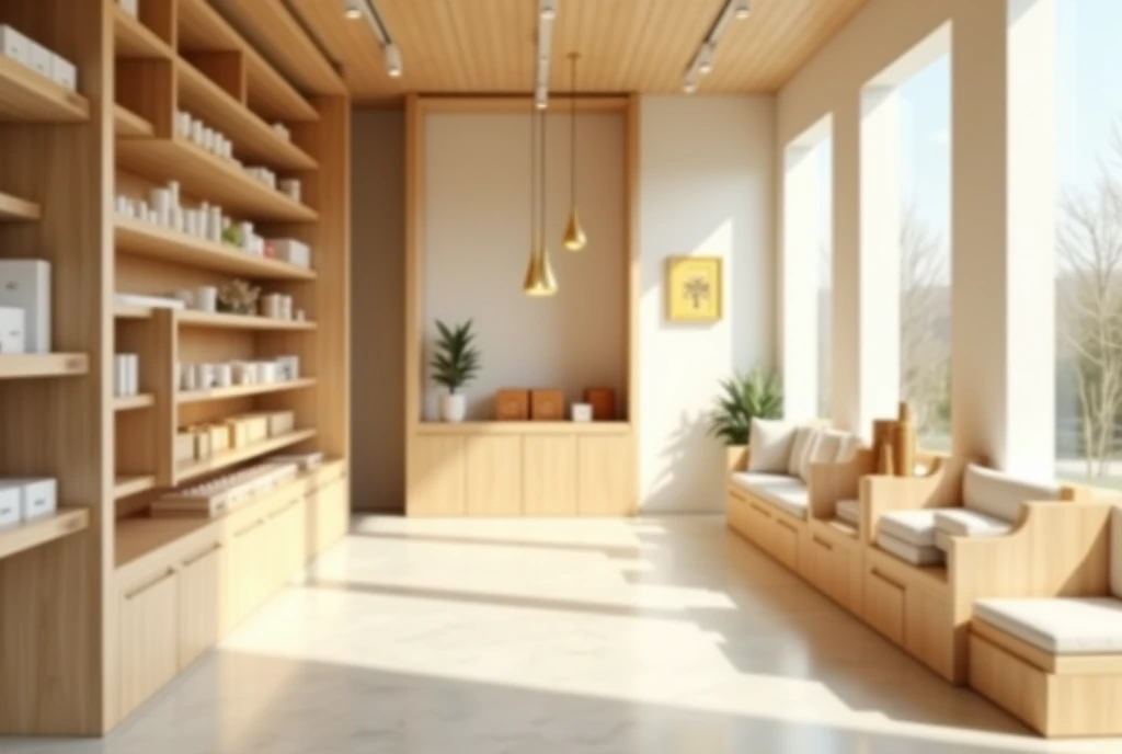 7. Nordic style gold salon ,  uses light wood material ,  with simple display shelves , clean,  creating an open and comfortable space .  Natural light is made to the fullest,  space that gives a pleasant feeling .  The image has a soft focus ,  with the f...