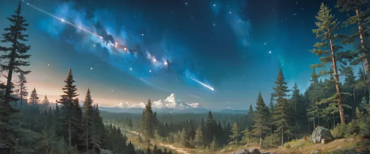 Precise old encyclopedia (best quality:1.2), (detailed:1.2), (masterpiece:1.2), vintage illustrations of a pine forest at night, pine forest, black sky with stars and galaxies and comet