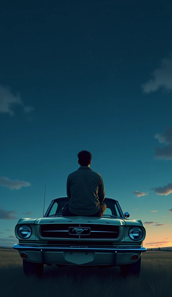 Man, sitting, sad, sitting, looking at the starry night, on top of a Mustang 