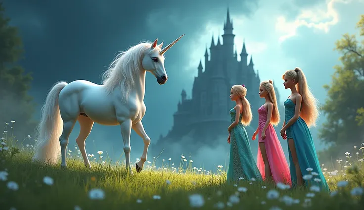 "The unicorn Stella standing on a grassy hill, pointing her horn towards a distant, dark castle surrounded by a menacing shadow. Barbie, Ken, and Nikki listen attentively."