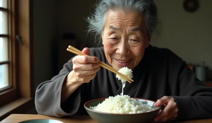 Japanese elderly woman eating white rice