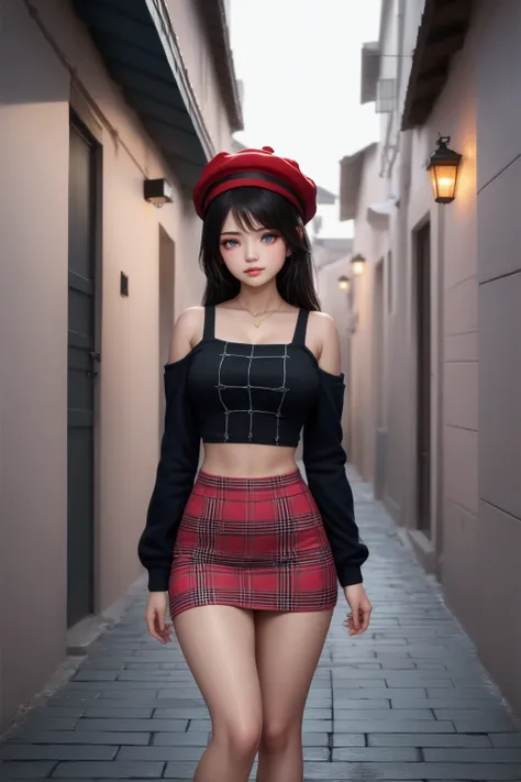 young woman, at clean alley, night scene, (+forehead, black hair, red wool hat), black long sleeves crop shirt (+cut shoulders),   denim pencil mini skirt (+pink diagonal plaid hem skirt), BREAK, (1girl, solo, full body), (best quality,4k,8k,highres,master...