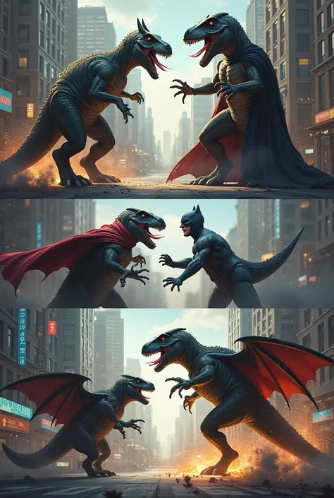 
 You are going to make 6 images of the bat-man in a dinosaur costume fighting a dinosaur in a bat costume in a fight sequence .  The first image will be of the man bat in a dinosaur costume looking backwards at a street in a city where a dinosaur in a bat...