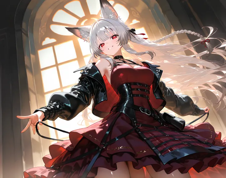 masterpiece, best quality, high detailed background, 1 Girl, Alone, fox ears , she wears elegant glasses , red eyes , silver hair , Animal ear hair, Striped Hair, fox Girl, バング bangs, braid twin , Punk StyleMaid Dress, Punk Style, inspired armoris dressed ...