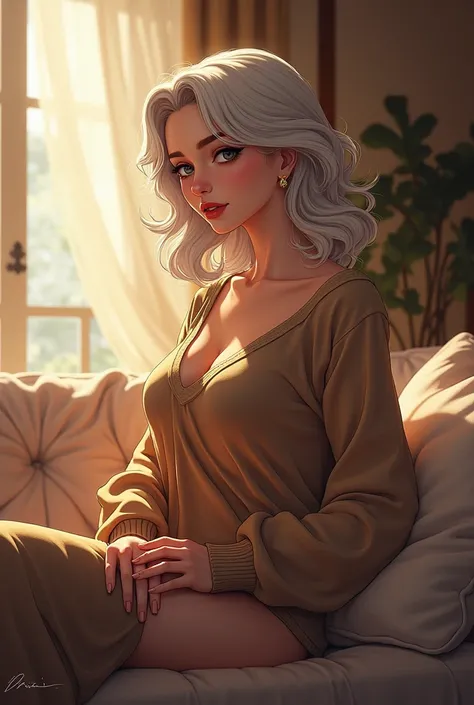 anime of an older milf in a sweater at home