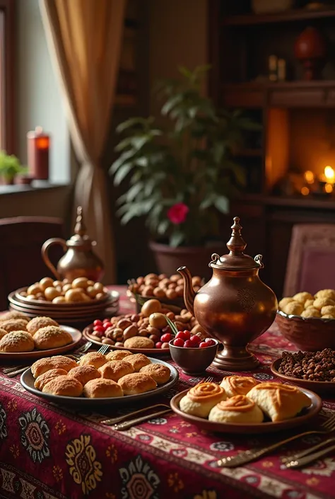 A rustic Yalda night table setting in a traditional Persian house, with a clay pot of tea, a samovar, and a spread of homemade treats.
It is a beautiful and wonderful picture 