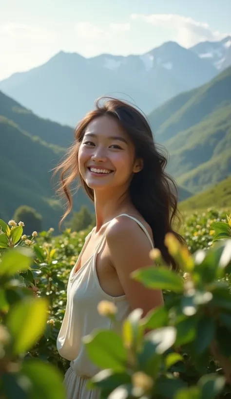 Pretty girl smiling pretty in a beautiful mountain coffee garden