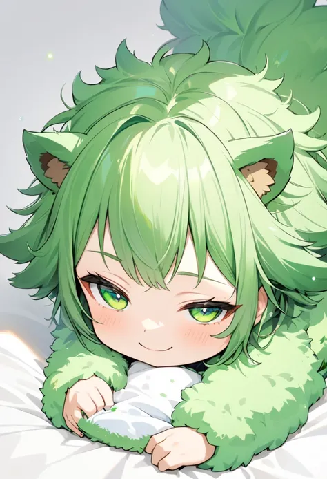 (beautiful and delicate), (Chibi Character illustration), break, (full body, focus face), (Grooming style), age 312, solo, (((beautiful green Fluffy body hair skin))), ((hair flaps)), (vivid green hair), (medium hair), (ultra immensely cute bear Woman), bi...