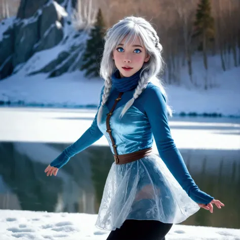 1girl,ice goblin,blue skin,oversized glassy eyes,silver hair,scant frosty clothing,dancing,playful,frozen lake,inviting 1woman,cute winter outfit,best quality,4k,8k,highres,masterpiece:1.2,ultra-detailed,realistic,photorealistic,photo-realistic:1.37,HDR,UH...