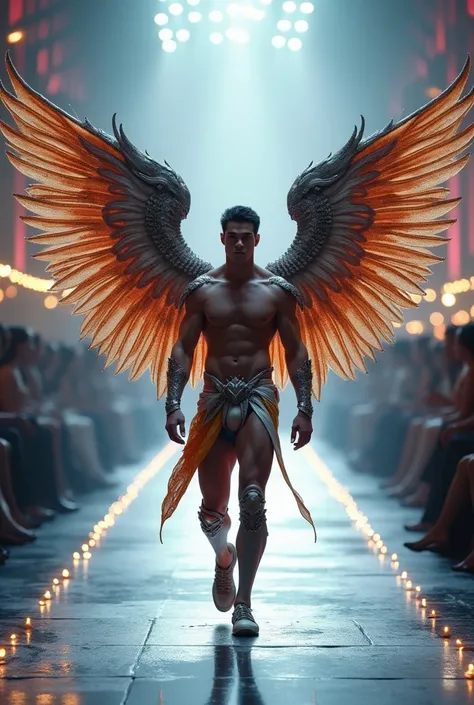 3D ANIMALS，A Victorias Secret male model is on the catwalk，Wear gorgeous costumes，Gorgeous top，The upper body is not exposed，The back has very beautiful wings，Gorgeous wings，Very gorgeous