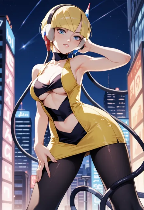 score_9, score_8_up, score_7_up, score_6_up, source_anime, BREAK 1girl, bw1ele, blonde hair, short hair, headphones, cable, choker, cleavage, black and yellow dress, short dress, clothing cutout, navel cutout, sleeveless, pantyhose, arge breasts, looking a...