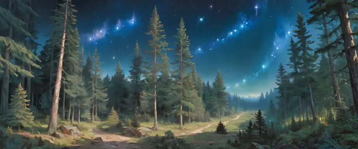 Precise old encyclopedia (best quality:1.2), (detailed:1.2), (masterpiece:1.2), vintage illustrations of a pine forest at night, pine forest, black sky with stars and galaxies and comet