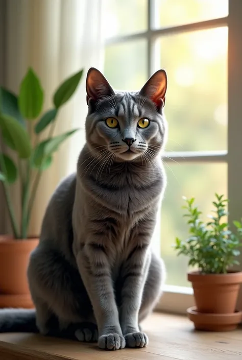  Russian blue cat sitting by the bright living room window。 the light shines through the curtains 、 the cats gray coat shines softly 。 the cat is seated 、The front legs are gracefully aligned 、Look straight at the camera。 foliage plants are placed in the b...