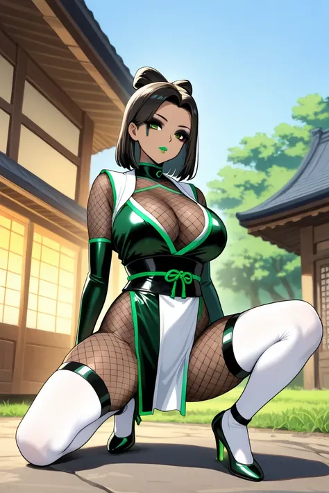 Anime, only (lady in fishnet bodysuit) 
with leather cloth, clothing, ninja clothing
(White stockings and ninja high heels )
(Nice elegant ninja clothing under the fishnet, bodysuit and white )
(And green design trim detail )
(In brown skin color )
(Hairst...