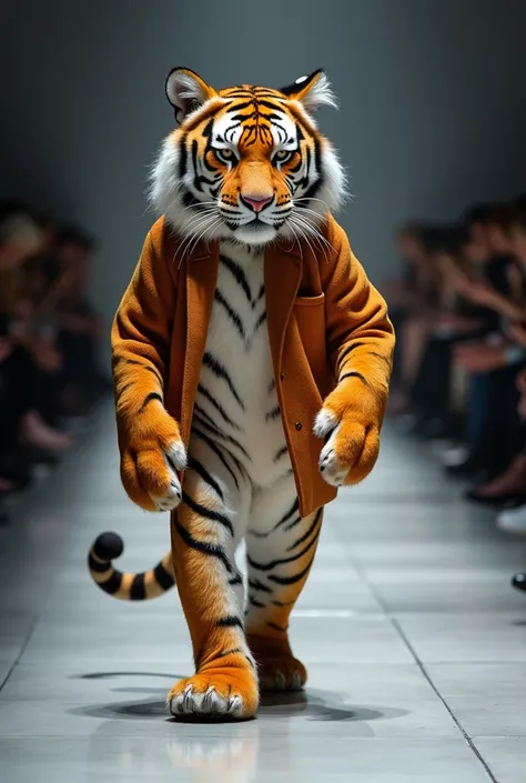 an anthropomorphic tiger, very cute tiger , full body,tiger Wearing BALENCIAGA and shoes , slowly walking, on the Model runway, high-end style, ，Milan Fashion Show, Pure gray mirrored flooring, art by Rinko Kawauchi, Long Shot, Dynamic capture of runway sh...