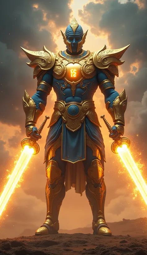 A giant warrior avenger inspired by Sikhism, adorned with shimmering gold and blue armor. Its chest bears the glowing Khanda symbol, and it wields two enormous energy swords that blaze with holy power. The being has a fearless expression, exuding strength ...