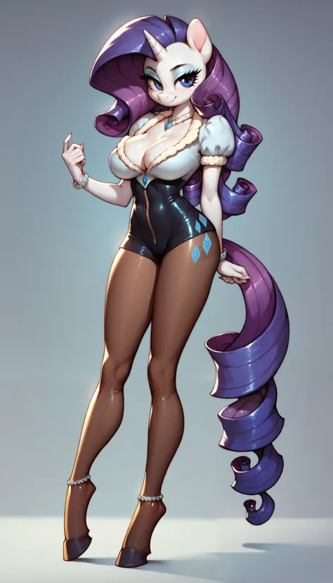 score_9, score_8_up, score_7_up, Rarity, mlp, anthro, 1girl, purple eyes, solo, curly top hair with curly hair strands on the side, tight body suit pantyhose, large breasts, cleavage, jewellery, 1girl, solo, full body, hooves