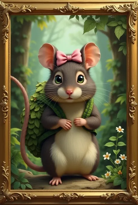 This is a portret that looks like a painting. It is framed with a golden frame. In the middle, there is a cute dormouse. She has green eyes and dark brown fur with a fair stomach. She is wearing a pink bow on her head. She has a backpack on her back made o...