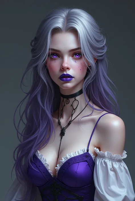  A girl in her 20s .
 Violet eyes , intense.
 long hair ,  purple with gray locks .
 The veins of the body are noticeable , they are highlighted and are black .
 She wears a white and purple tunic ,  skin with a pronounced neckline and bare shoulders.
blue...