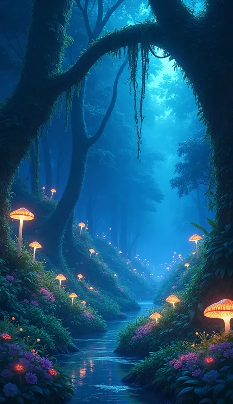 Bioluminescent forests, anime style, realistic, 4K,Detail,