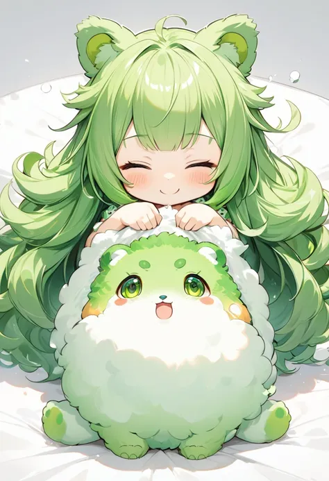 (beautiful and delicate), (Chibi Character illustration), break, (full body, focus face), (Grooming style), age 312, solo, ((beautiful green Fluffy body hair skin)), ((hair flaps)), (vivid green hair), (medium hair), (ultra immensely cute bear Woman), big ...