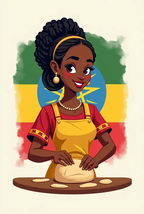 A logo for my bakery and pastry house make the girl habesha Ethiopia girl and ware Ethiopia flag dress  and her hair make it Ethiopia tradition hair and she have to act like she is baking 
Name  Taw bakery and sweet pastries  