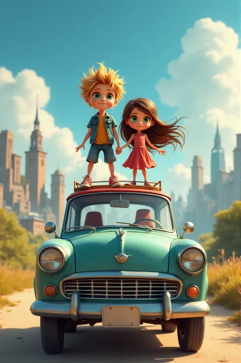 Create an image of a blond boy with gray eyes and a girl with hazel hair with green eyes and freckles on top of a car on the road with the city behind 