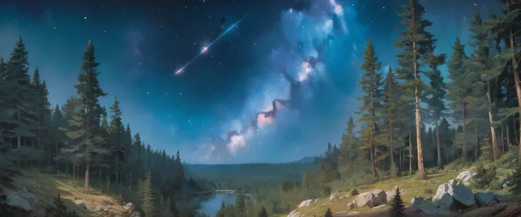 Precise old encyclopedia (best quality:1.2), (detailed:1.2), (masterpiece:1.2), vintage illustrations of a pine forest at night, pine forest, black sky with stars and galaxies and comet