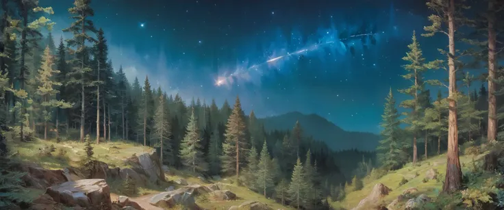 Precise old encyclopedia (best quality:1.2), (detailed:1.2), (masterpiece:1.2), vintage illustrations of a pine forest at night, pine forest, black sky with stars and galaxies and comet