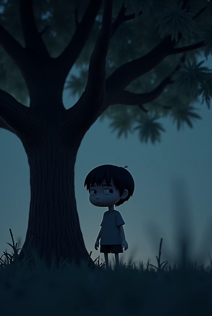 (Animated 3D character set on tree) (sad) (alone) (night time) 