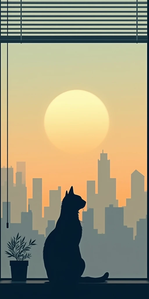 A silhouette of a cat sits in a window, looking out at a city sunset. The window has horizontal blinds.  A full moon is visible in the orange and yellow sunset sky above the city skyline.  The cat is positioned in the center of the window, in profile view,...