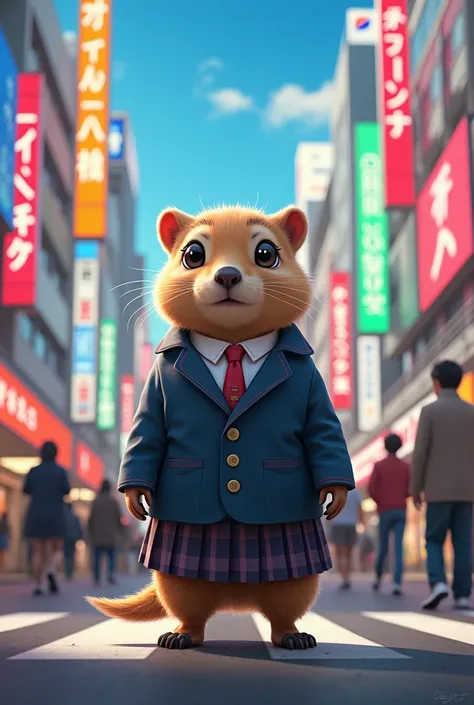 Put the marmot in the uniform of a Japanese high school girl　Shibuya background