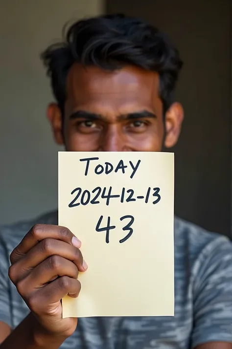 Todays date is 2024-12-13 and a photo of yourself holding a piece of paper with your handwriting on it. The person in the photo should be a thin person, about 43 years old. Should be a Sri Lankan. Should be a man. Not a girl or a woman.His face should be v...