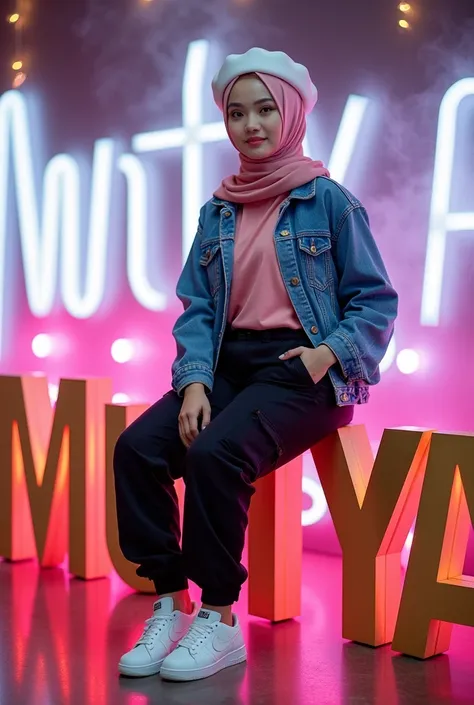  high quality photo of a woman wearing a phasmina hijab native to indonesia and dressed in a pink t-shirt makai jacket white jeans jacket in writing the name of the letter mutya sitting in gold letters,  and she is wearing a hijab wearing a white beret hat...