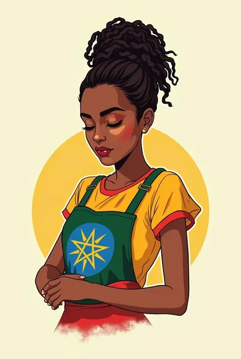 A logo for my bakery and pastry house make the girl habesha Ethiopia girl and ware Ethiopia flag dress  and her hair make it Ethiopia tradition braids hair and she have to act like she is baking looking Down and sideways  don’t forget the logo 
Name  Taw b...