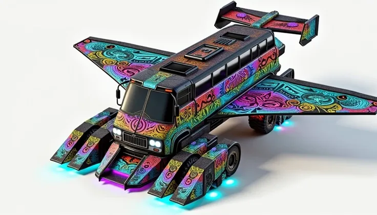 futuristic flying long bus dump truck buggy spaceship hybrid, sleek design, covered in rainbow batik pattern and glowing rgb runes, underglow, spoiler on top, off road wheels, roof cargo box, fog lamp, rocket thrusters, vtol thrusters, bottom thrusters, wi...