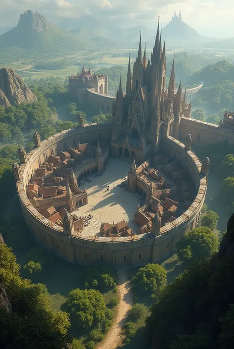 A massive medieval fantasy kingdom with a circular wall around and the point of perspective should be on the top and 30°