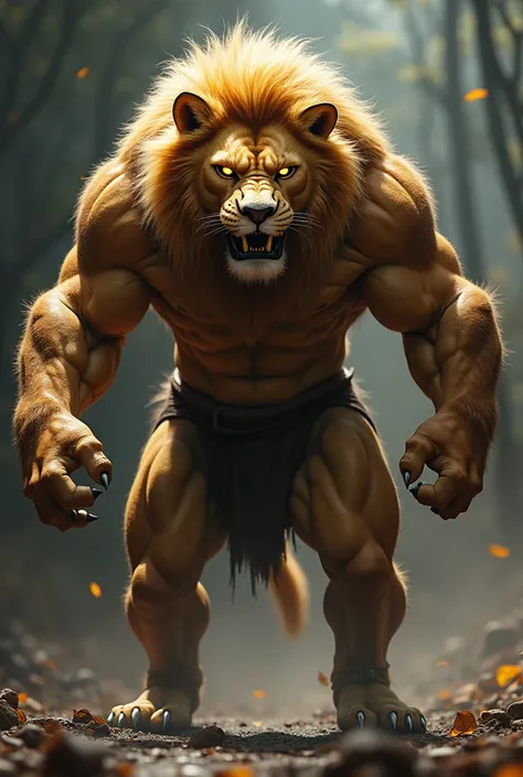 Werelion in humaoid with muscular body is a mix of human and animal traits, with fur like a lion and glowing eyes , attack pose , game lighting