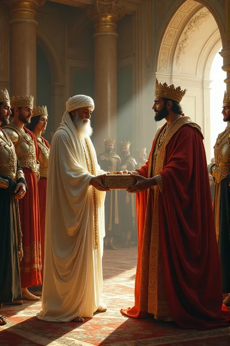 Make a picture of a Sufi cleric dressed in a white turban receiving gifts from the king and his bodyguards inside the palace